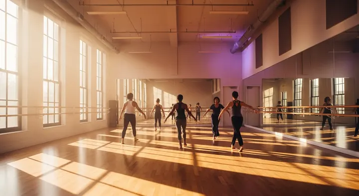 An instructor leading a class in a sunlit studio
